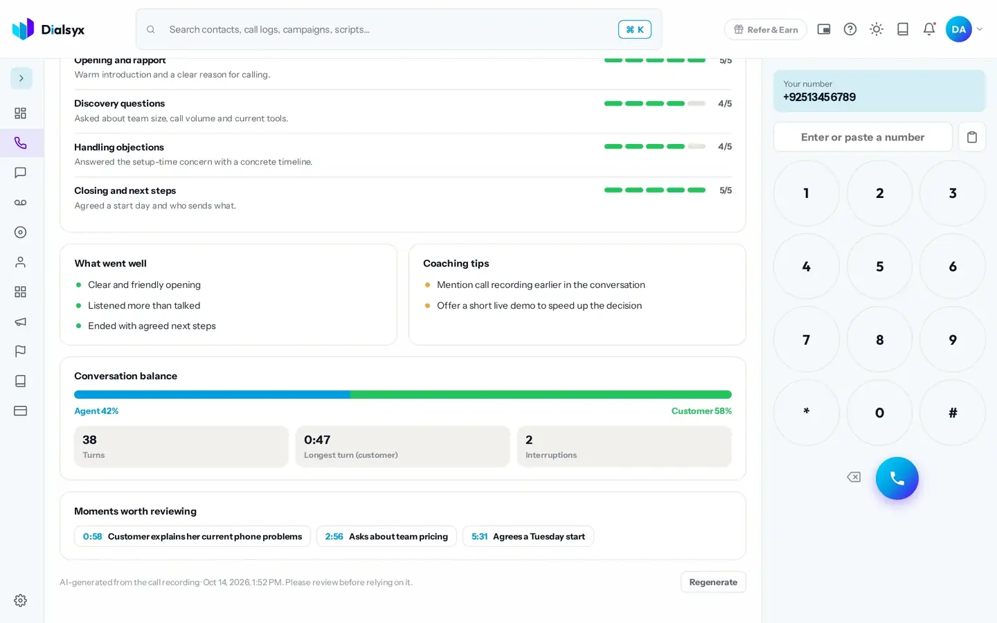 Talk-time balance and notable moments.